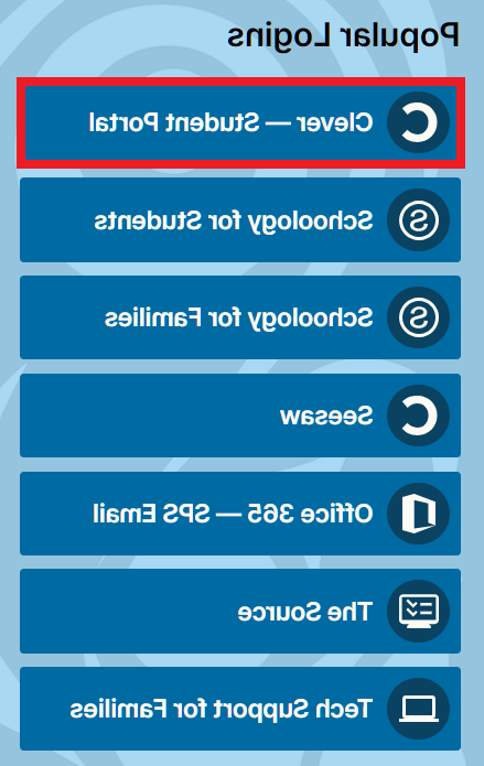 screenshot of popular logins on district home page. Clever link is highlighted in red box