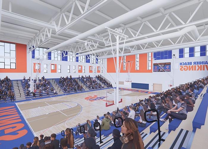 drawing of a gym with bleachers and orange and blue accents